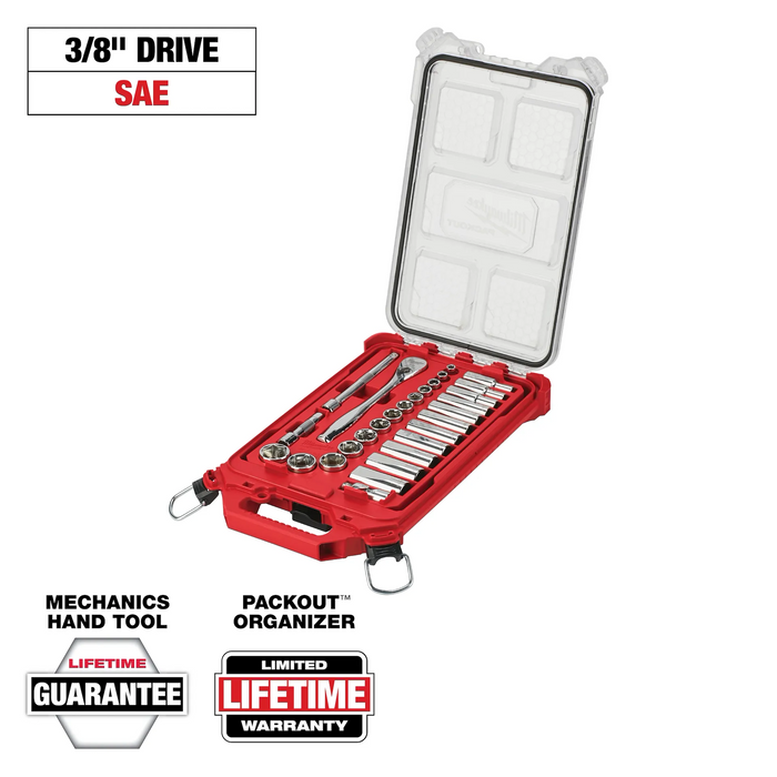 Milwaukee Tools 3/8” Drive 28pc Ratchet & Socket Set with PACKOUT Low-Profile Compact Orga