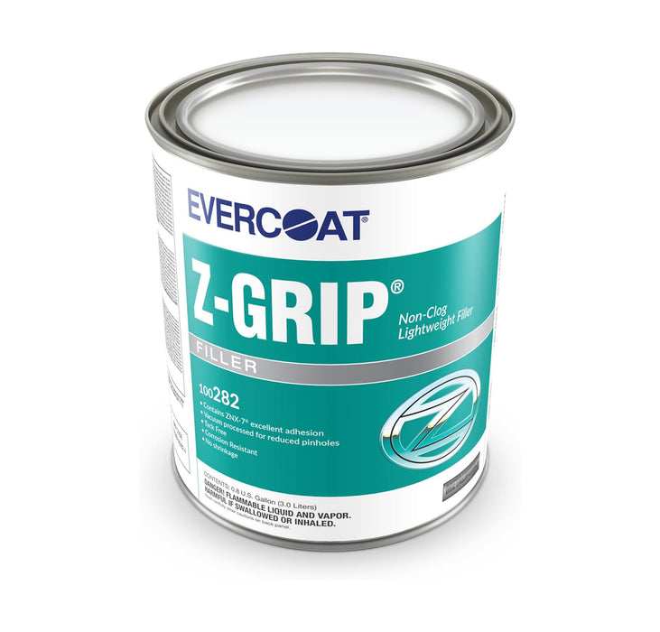 A can of EVERCOAT Z-GRIP Performance Lightweight Body Filler with green-yellow labeling.