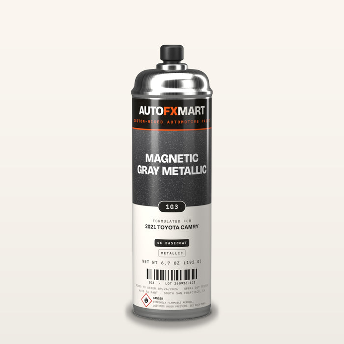 Custom-mixed 1K basecoat in a 6.7 oz (192 g) aerosol β example label: Magnetic Gray Metallic 1G3 for a 2021 Toyota Camry