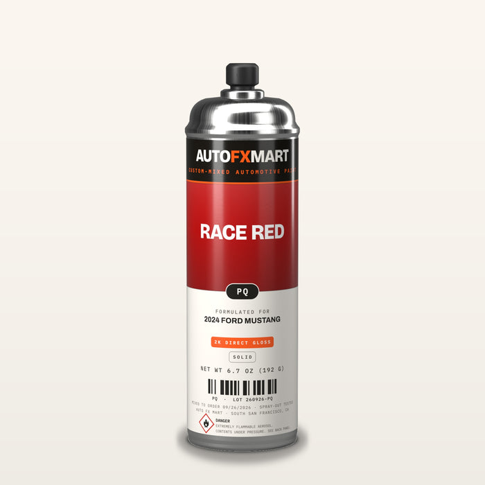 2K direct gloss in a 6.7 oz (192 g) aerosol β example label: Race Red PQ for a 2024 Ford Mustang