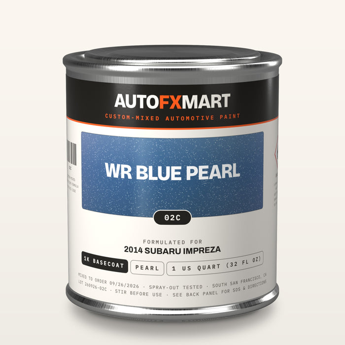 1 US quart tin of custom-mixed 1K basecoat β example label: WR Blue Pearl 02C for a 2014 Subaru Impreza