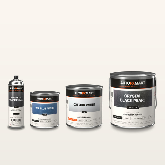 Every size to scale: 6.7 oz aerosol, quart, half gallon and gallon, each labelled with the color name, paint code and vehicle