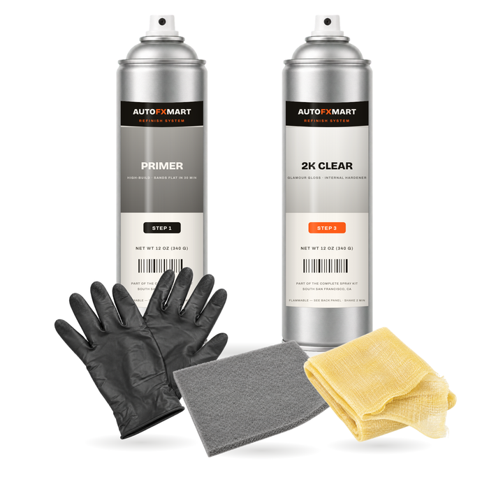 AutoFxMart Complete Spray Kit โ high-build primer and 2K clear aerosols with nitrile gloves, ultra-fine scuff pad, and tack cloth
