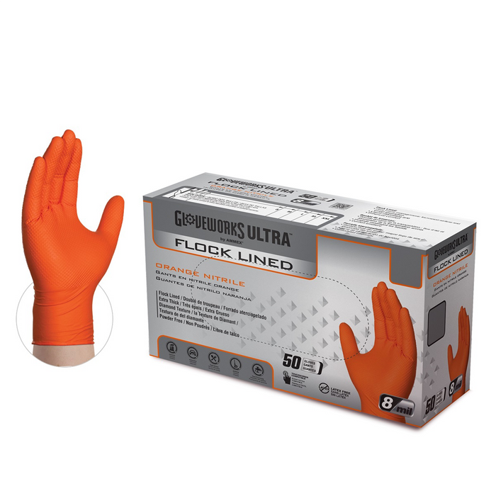 Ammex Corporation / Disposable Gloves Gloveworks Ultra Flock Lined RDT Orange Nitrile Gloves - X-Lar