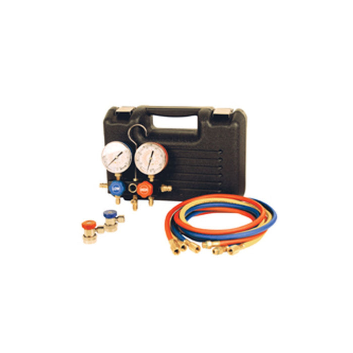 FJC REFRIGERANT R-134a heavy duty gauge set with 10' red and blue hoses, 8' yellow hose and 80mm