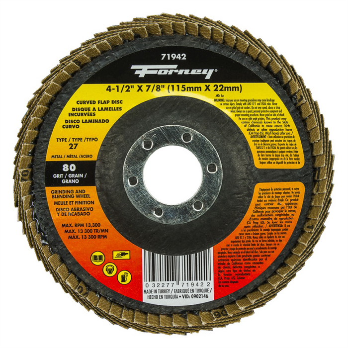 Forney Welding and Metal Working Curved Edge Flap Disc, 4-1/2 in x 7/8 in, 80 Grit