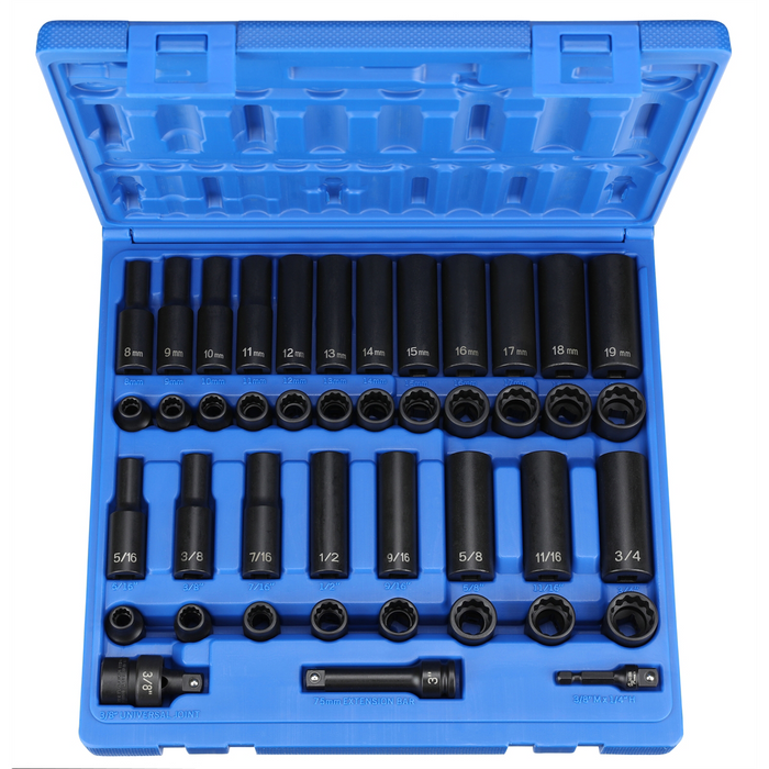 Grey Pneumatic Socket Sets 12PT 3/8" Drive Standard and Deep Length Impact Set