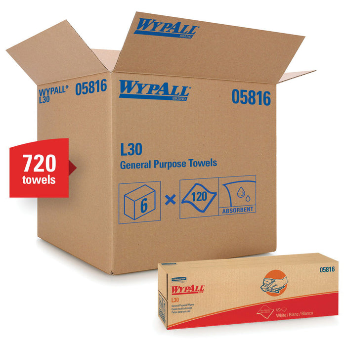 Kimberly-Clark WypAll 05816 L30 Series Pop-Up Box Towel, 9.8 x 16.4 in, 120, Double Re-Creped, White