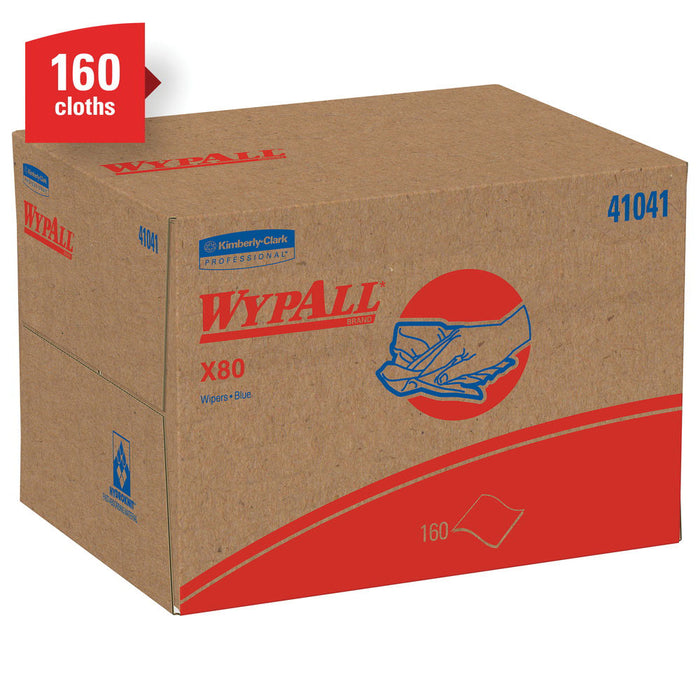 Kimberly-Clark WypAll 41041 X80 Series Brag Box Cloth, 12-1/2 x 16.8 in, 160, Hydroknit, Blue, 1 Ply