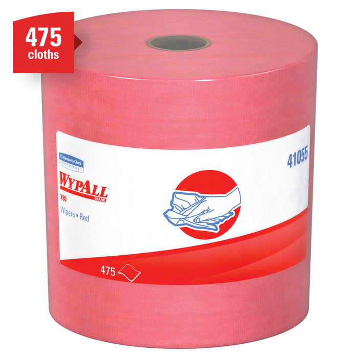 Kimberly-Clark WypAll 41055 X80 Series Jumbo Roll Cloth, 12.4 x 13.4 in, 475, Hydroknit, Red, 1 Plys