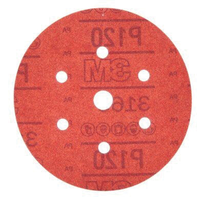 3M™ 01145 316U Series Dust Free Abrasive Disc, 6 in Dia, P120 Grit, Hook and Loop, Red