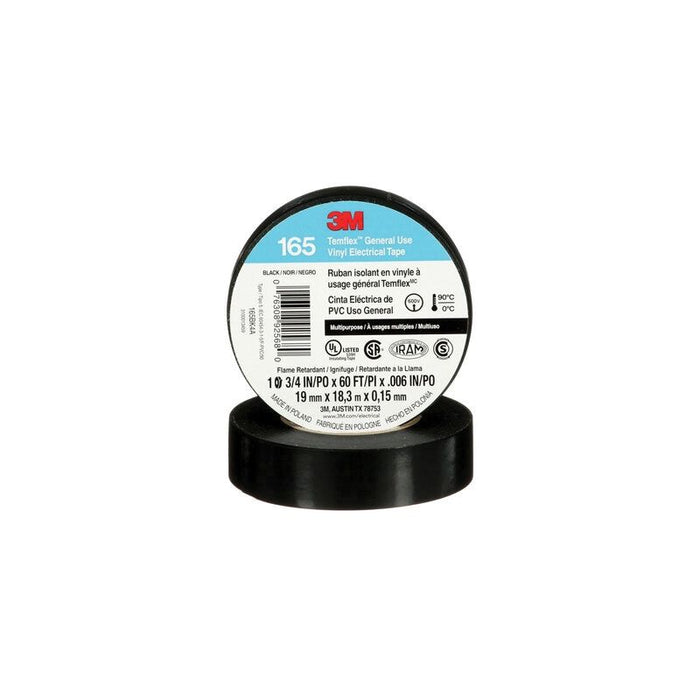 3M Products Temflex 165BK4A 165 Electrical Tape, 60 ft L x 3/4 in W, 6 mil THK, Black β view 3
