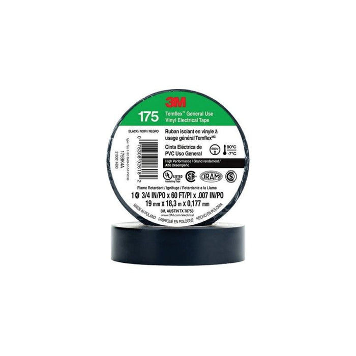 3M Products Temflex 92618 175 Electrical Tape, 60 ft L x 3/4 in W, 7 mil THK, Black