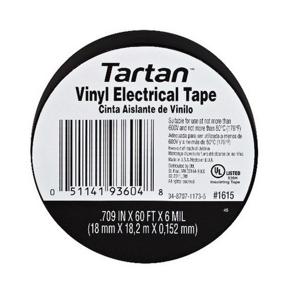 3M Products Tartan 93604 1615 Series Electrical Tape, 60 ft x 0.709 in, 6 mil THK, Black