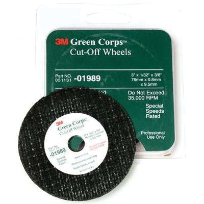 3M Products Green Corps 01989 Cut-Off Wheel, 3 in Dia x 1/32 in THK Wheel, 3/8 in Center Hole, Ceram โ view 3
