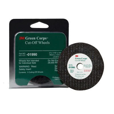 3M Products Green Corps 01990 Cut-Off Wheel, 3 in Dia x 1/16 in THK Wheel, 3/8 in Center Hole, Ceram โ view 3