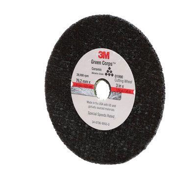3M Green Corps 01990 Cut-Off Wheel, 3 in Dia x 1/16 in THK Wheel, 3/8 in Center Hole, Ceramic Abrasi — view 2