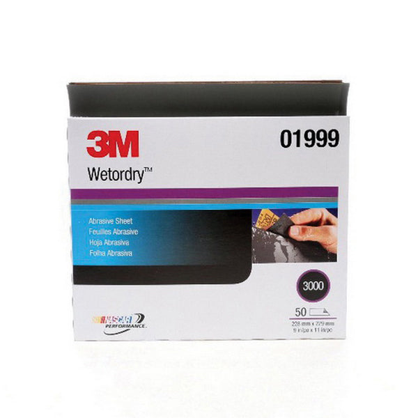 3M Imperial Wetordry 01999 401Q Series Abrasive Sheet, 9 in W x 11 in L, 3000 Grit, Fine Grade, Blac