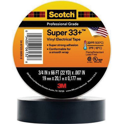 Scotch® Super 33+™ 06133 Premium Grade Electrical Tape, 52 ft x 3/4 in, 7 mil THK, Black