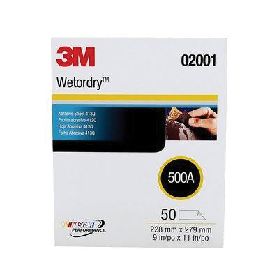3M Wetordry Tri-M-Ite Abrasive Sheet 2001 - 9 in x 11 in, 500 Grit, Black, Wet/Dry