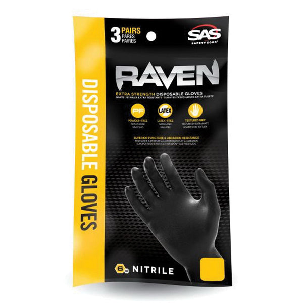 SAS Safety Corp. Raven 66512 Extra Strength Disposable Gloves, X-Large, Nitrile, Black
