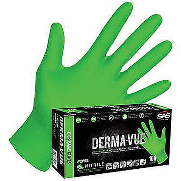 SAS® Derma-VUE® 66551 Extra Strength Disposable Gloves, Medium, Nitrile, High-Visibility Green
