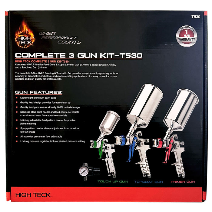 High Teck 3-Gun HVLP Paint and Touch Up Set T530 Aluminum Cups 1.0 mm 1.4 mm 1.7 mm
