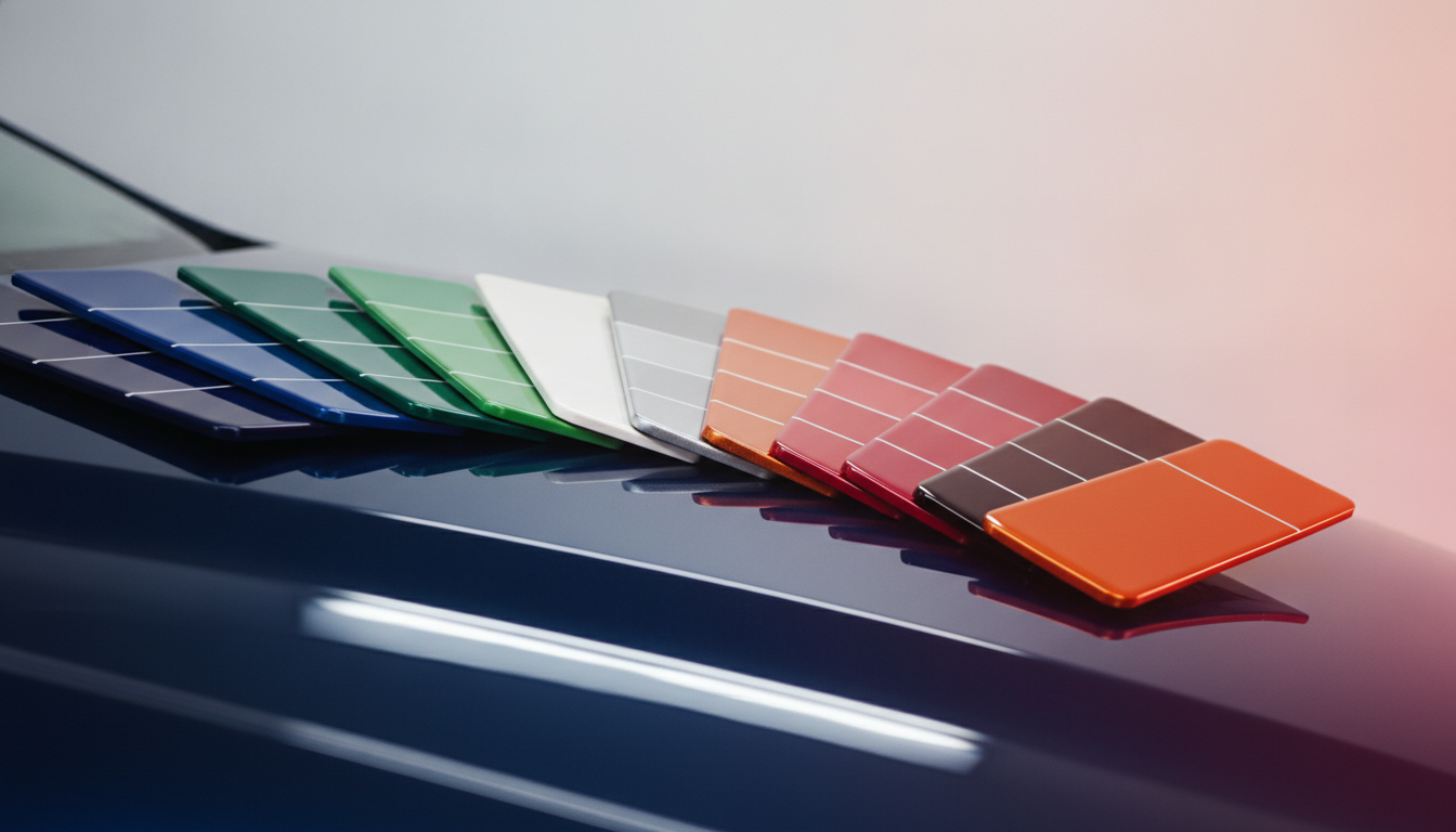 OEM automotive paint color chips fanned across a glossy car panel
