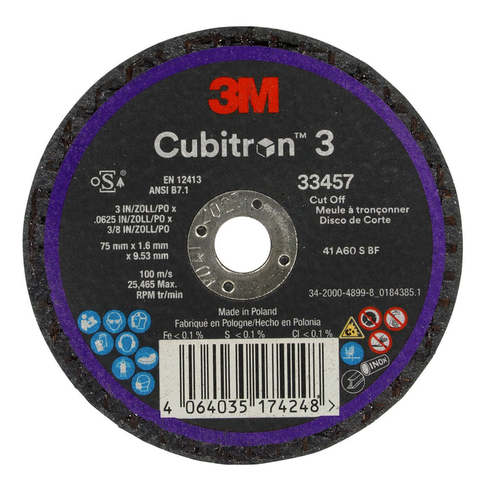 3M Products Cubitron 3 Cut-Off Wheel 33457, 75 mm x 1.6 mm x 9.53 mm (3" x .0625" x 3/8 i