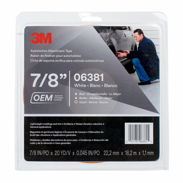 3M™ 06381 Automotive Attachment Tape, 20 yd x 7/8 in, 1.12 mm THK, White