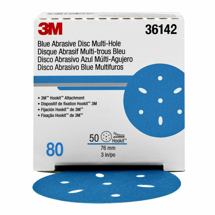 3M™ 36142 321U Series Multi-Hole Abrasive Disc, 3 in Dia, 80 Grit, Hook and Loop, Blue