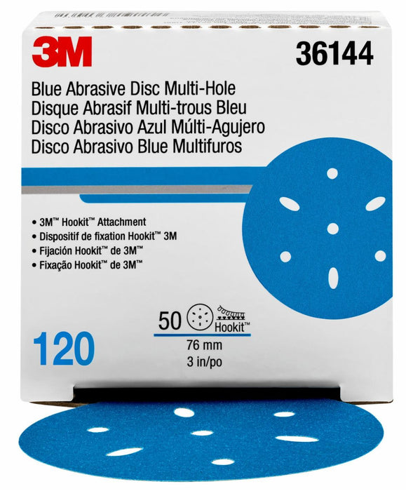 3M™ 36144 321U Series Multi-Hole Abrasive Disc, 3 in Dia, 120 Grit, Hook and Loop, Blue