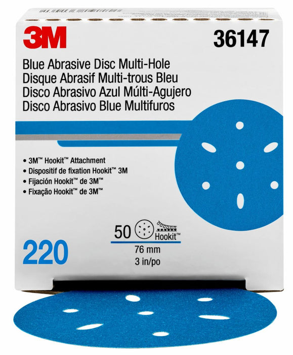 3M™ 36147 321U Series Multi-Hole Abrasive Disc, 3 in Dia, 220 Grit, Hook and Loop, Blue