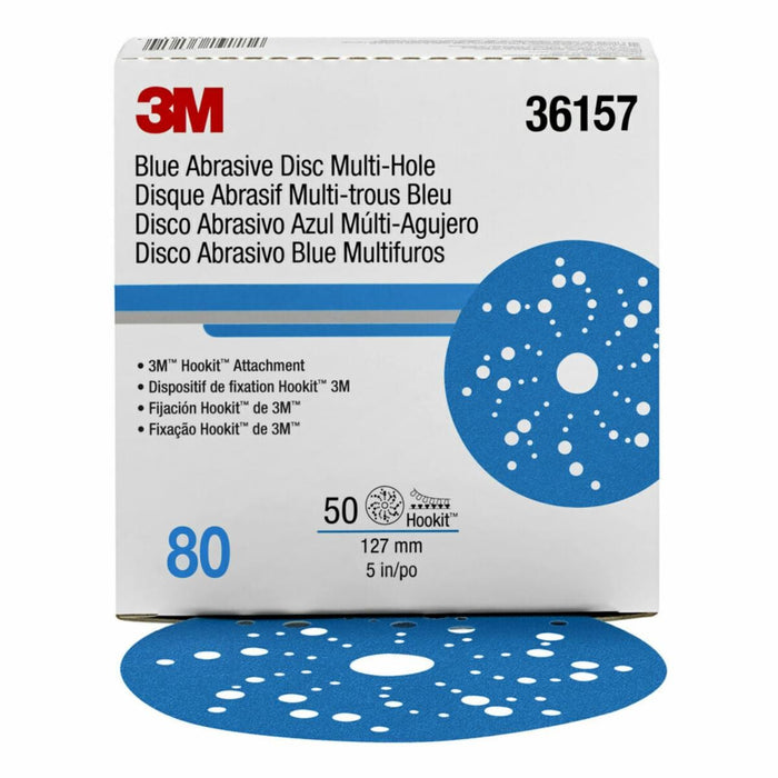 3M™ 36157 321U Series Multi-Hole Abrasive Disc, 5 in Dia, 80 Grit, Hook and Loop, Blue