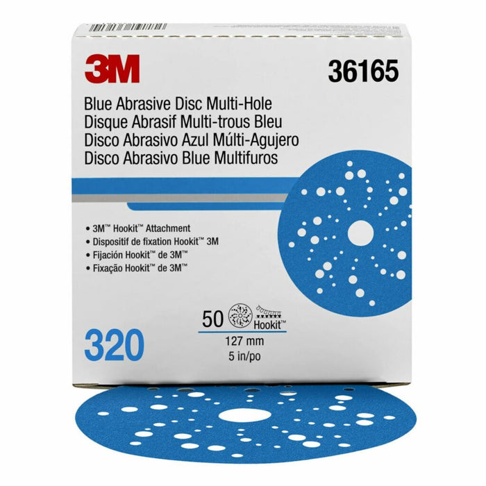 3M™ 36165 321U Series Multi-Hole Abrasive Disc, 5 in Dia, 320 Grit, Hook and Loop, Blue