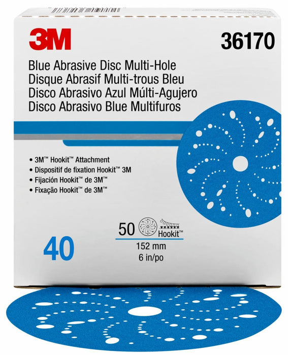 3M™ 36170 321U Series Multi-Hole Abrasive Disc, 6 in Dia, 40 Grit, Hook and Loop, Blue