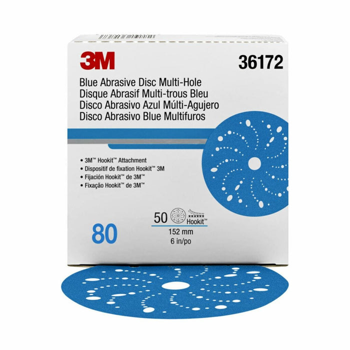 3M™ 36172 321U Series Multi-Hole Abrasive Disc, 6 in Dia, 80 Grit, Hook and Loop, Blue