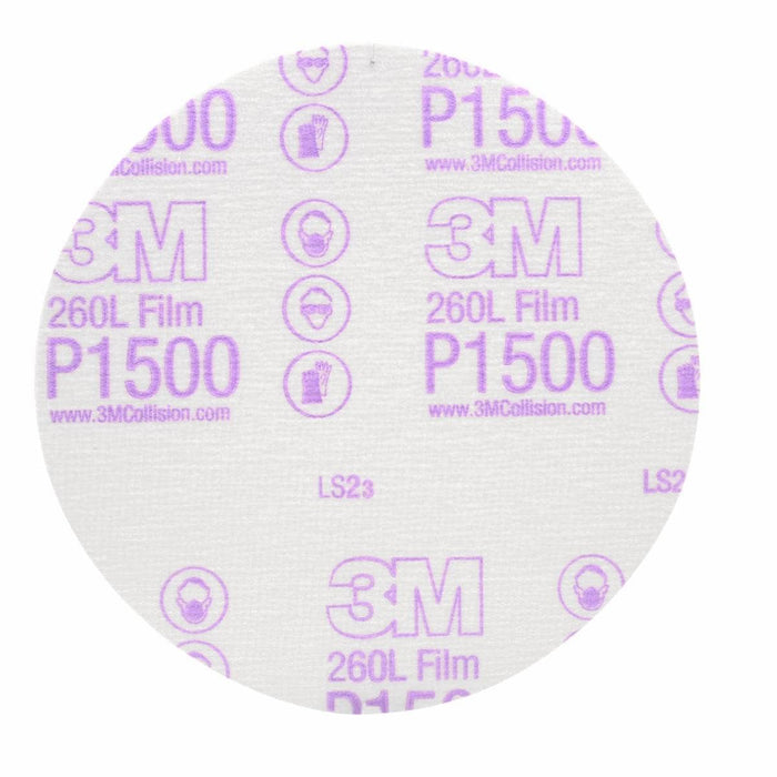 3M™ 00950 260L Finishing Film Disc, 6 in Dia, 1500 Grit, Ultra Fine Grade, Aluminum Oxide Abrasive, White, Dry