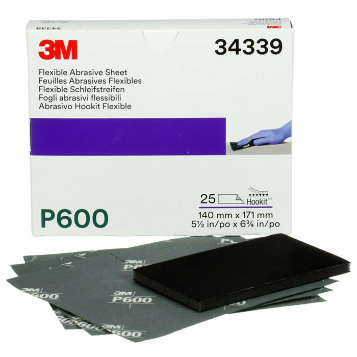 3M™ 34339 270J Series Abrasive Hand Sheet, 5-1/2 in W x 6.8 in L, P600 Grit, Fine Grade, Green, Wet/Dry