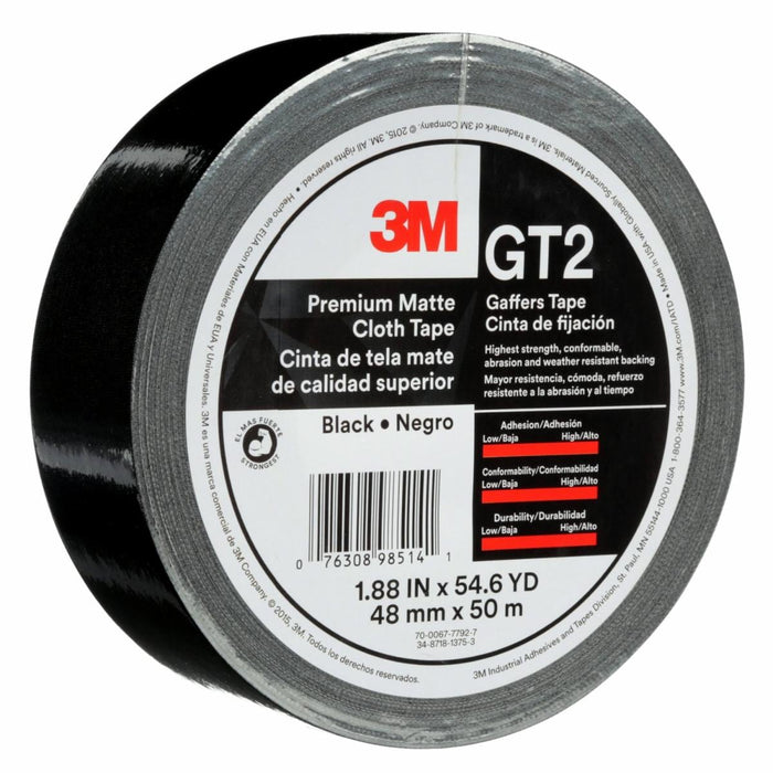 3M™ 98514 GT2 Series Single Sided Premium Matte Cloth Tape, 50 m x 48 mm, Black