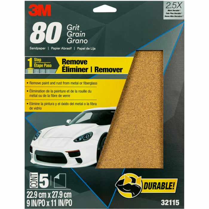 3M™ 32115 Sandpaper, 9 in W x 11 in L, 80 Grit, Aluminum Oxide Abrasive, Brown, Dry