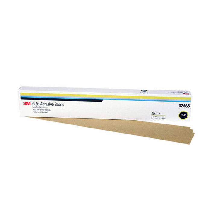 3M™ 02568 216U Series Abrasive Sheet, 2-3/4 in W x 17-1/2 in L, P180 Grit, Very Fine Grade, Gold, Dry