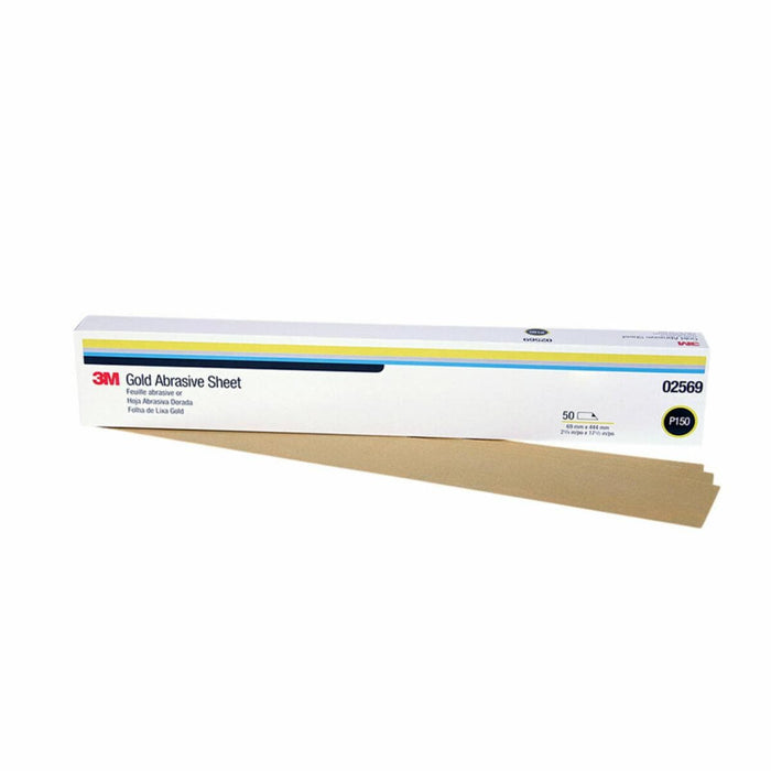 3M™ 02569 216U Series Abrasive Sheet, 2-3/4 in W x 17-1/2 in L, P150 Grit, Very Fine Grade, Gold, Dry