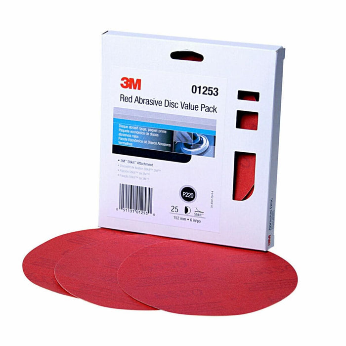 3M™ 01253 316U Series Abrasive Disc Value Pack, 6 in Dia, P220 Grit, PSA, Red