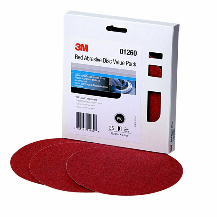 3M™ 01260 316U Series Abrasive Disc Value Pack, 6 in Dia, P80 Grit, PSA, Red