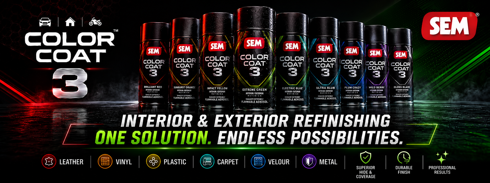 SEM Color Coat 3 spray-can lineup — interior and exterior refinishing for leather, vinyl, plastic, carpet, velour, and metal
