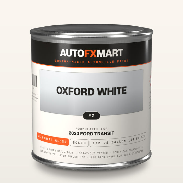 Half-gallon tin of 2K direct gloss — example label: Oxford White YZ for a 2020 Ford Transit