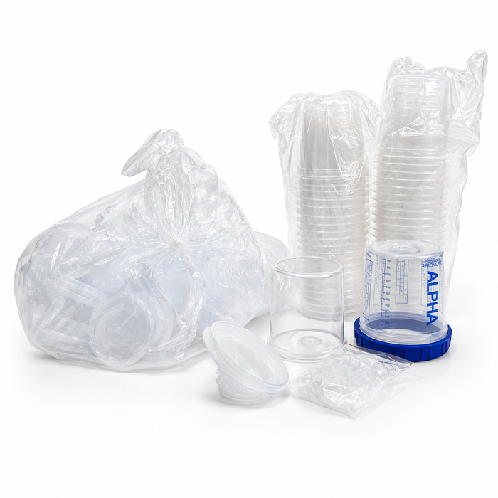Clear plastic cups with a blue-lidded container on a white background