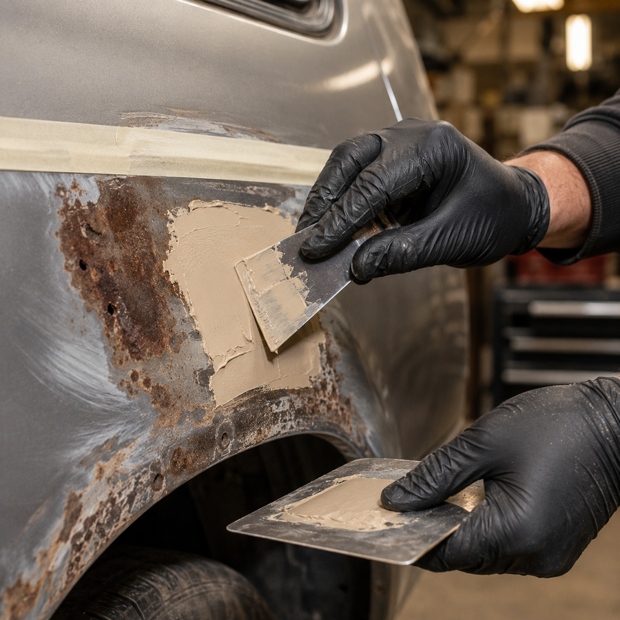 Brush applying rust converter over a corroded panel