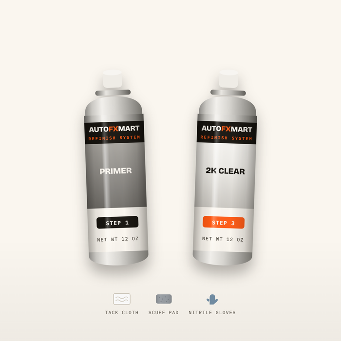 AutoFxMart complete spray kit — high-build primer and 2K clear aerosols with tack cloth, scuff pad and gloves